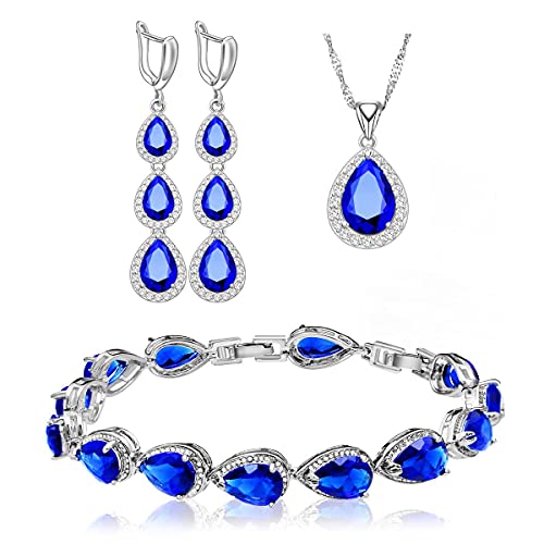 LMXXVJ Necklace Long Earrings Bracelet set, White Gold Plated Created Blue Sapphire Jewelry Set Wedding Party gift Jewelry for Women Bridal Bridesmaid (Blue)