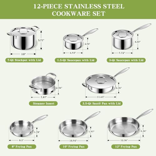 Image of Triple Ply Stainless Steel Pots and Pans Set, EWFEN 12 Piece Induction Cookware Set, Oven Dishwasher Safe | Frying Pans, Saucepans, Saute Pan & Stock Pot, PFOA Free Kitchen Skillet