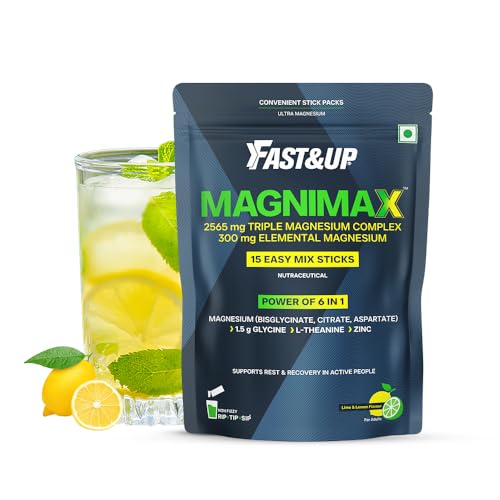 Image of Fast&Up Magnimax - Triple Magnesium Bisglycinate, Citrate, Aspartate | L-Glycine, L-Theanine, Zinc | Power of 6-in-1 | Lime & Lemon Flavour - 15 stick packs in a Pouch