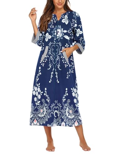 Image of Ekouaer Women Zipper Robe 3 /4 Sleeves Loungewear Dress Full Length Sleepwear Pockets Housecoat Nightgown Long Bathrobe
