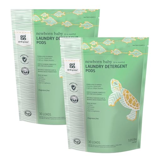 Image of Grab Green Newborn Baby Laundry Detergent Pods, 60 Count, Fragrance Free, Plant and Mineral Based, Formulated to Tackle Newborn (0-4 Months) Laundry Stains