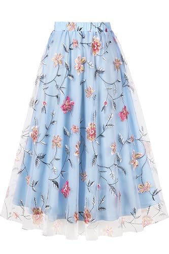 AXOE Damen Tüllrock Midi Länge 3-Lagen Blumen Tüll A-Linie Rock Elegant für Sommer, Festliches, Hochzeit Hellblau mit Floral Gestickt F06,...