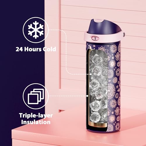 Image of 24 oz Insulated Water Bottle for Women: Meoky Stainless Steel Metal Water Bottle with 2-in-1 Straw and Spout Lid - Leak Proof, Cold for 24 Hours, Protective Silicone Base, BPA-Free for School, Arcana
