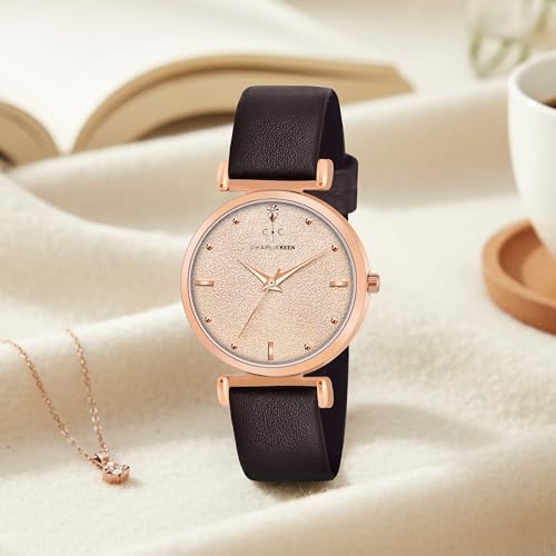 Image of CHARLIEKEEN Women's Analog Watch with Rose Gold Case, Silicone Band, Textured Dial, Crystal Markers