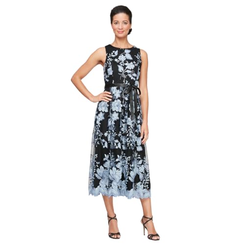 Alex Evenings Women's Sleeveless Midi Dress with Elegant Embroidery, Full Skirt and Tie Belt (Petite and Regular Sizes)