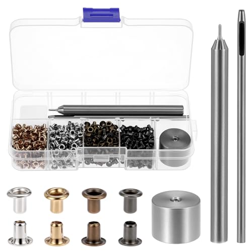 QWORK Metal Grommet Kit 800Pcs Copper Eyelets in Gold Silver Bronze Gunmetal Includes 3 Installation Tools & Storage Box - Ideal for DIY Crafts Leather Canvas & More