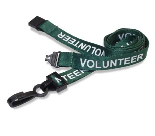 Identity-Plus: Green Pre-Printed Volunteer Lanyard - Plastic Clip and Safety Breakaway Point (100)