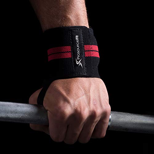 Image of ProsourceFit Pair of Barbell Weight Lifting Wrist Wraps Support with Thumb Loop, Red