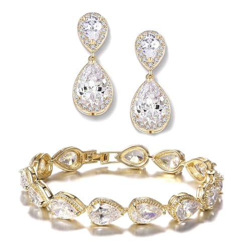 UDYLGOON Teardrop Earrings & Bracelet Set, Gold Plated Wedding Jewelry Set for Bride Bridesmaid, Women's Party Prom Gift
