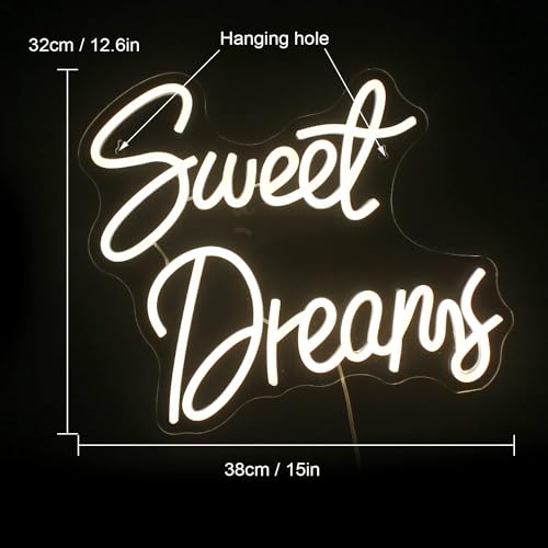 Image of ineonlife Sweet Dreams Neon Sign Warm White Letter LED Neon Lights for Bedroom Wall Decor Words USB Powered Light Up Sign for Room Decor Valentine Party Wall Hanging Decoration