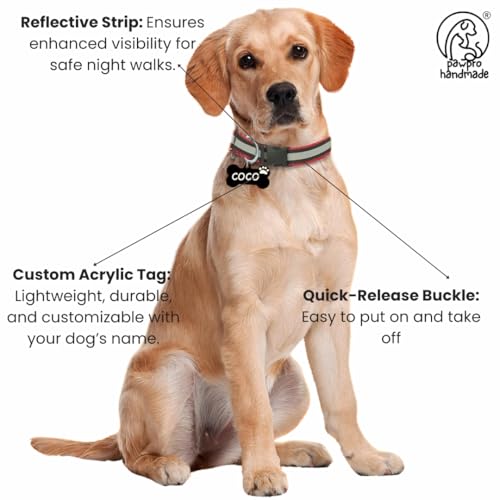 Image of PAWPRO HANDMADE Nylon Reflective Dog Collar With Customizable Bone-Shaped Tag Adjustable For Safety And Comfort, Fits 35-50 Cm Neck Black (Red, Medium)