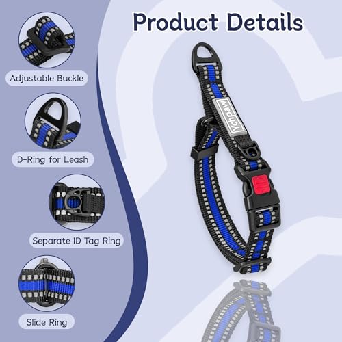 Ychpaw Martingale Collar for Dogs Reflective Collar with Quick Release Buckle, Adjustable Nylon Collars for No Slip Dog Collar, Blue, S