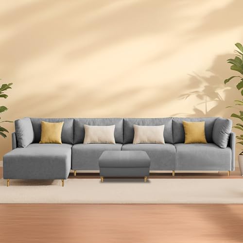 Image of Carina LHS 6 Seater L Shape Sofa Set with Center Table for Living Room (Grey Fabric) Premium Fabric Sofa