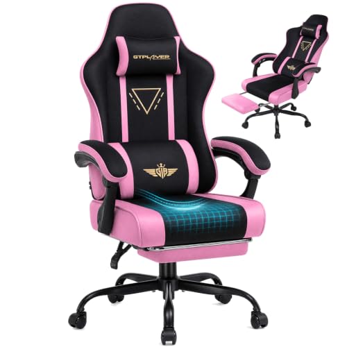 Image of GTPLAYER Video Gaming Chair Fabric, Ergonomic Computer Chair with Footrest and Pocket Spring Cushion, Height Adjustable Video Gamer Chair with Lumbar Support for Adults, Pink