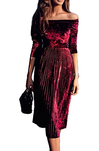 Leezeshaw Womens Off Shoulder Boat Neck 3/4 Sleeve Empire Pleated Velvet A-line Midi Dress Wine X-Large