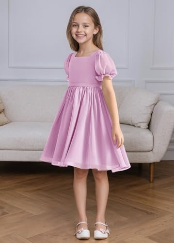 dideyttawl Chiffon Short Flower Girls Dress Knee Length Puff Sleeves Wedding Guest Dresses for 4-16 650C4