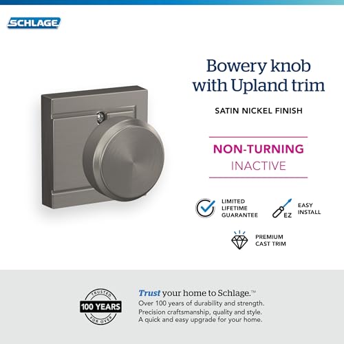 Image of SCHLAGE Knob with Upland Trim Non-Turning Lock, Satin Nickel (F170 BWE 619 ULD)