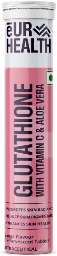 Glutathione Effervescent Tablets 500 MG with Vitamin C Aloe Vera Astaxanthin and Hyaluronic Acid for Skin Radiance Youthful Glow Elasticity | 15 Orange Flavor Tablets (Pack of 1)