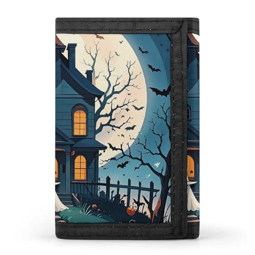 Haunted House Tree Witch Halloween Trifold Wallet for Men - Money Clip Slim Wallets with Multiple Card Slots Minimalist Small Front Pocket Wallet for Everyday Carry