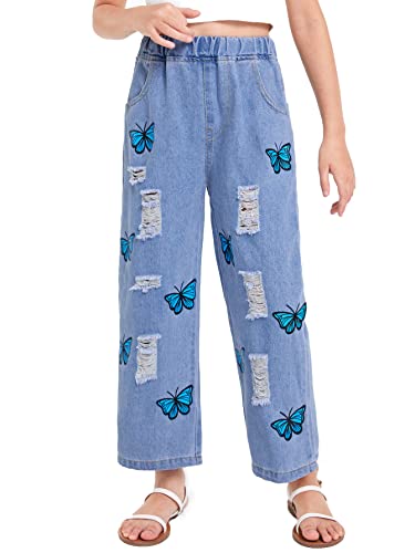 Wdirara Girl's Butterfly Print Elastic Waist Wide Leg Ripped Jeans Denim Pants Blue 140 #TOP2