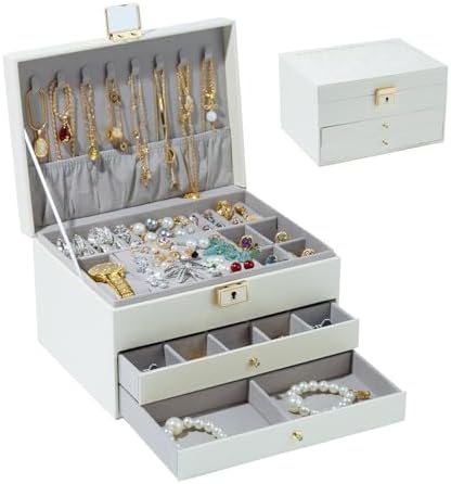 3 Layer PU Leather Soft Lining Jewelry Box, Large Organizer for Women Girls (White)