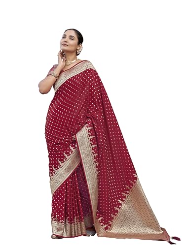 MANOHARI Women's Most Trendy Banarasi Satin Silk Woven Red Saree With Heavy Jacquard Work Saree With Blouse Piece_MN2023