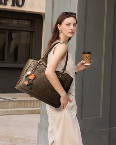 Image of LOVEVOOK Laptop Bag for Women, Original Vintage Work Tote Bag Computer Office Teacher Bag with Flower Pendant