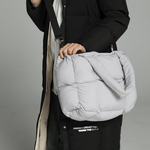 Image of Puffer Tote Bag for Women, Quilted Shoulder handbag for Travel, Work, Gym | nylon lightweight bag, waterproof, cloudy, zipper, compartments, nurse bag, adjustable crossbody strap