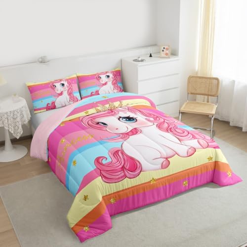 Image of Erosebridal Pink Unicorn Full Bed Comforter Set for Girls | Princess Rainbow Unicorn Bedding Set Cute Stars Striped Bed Sets Girly Cartoon Horse Quilt Comforter Fantasy Girls Room Decor,3 Pcs