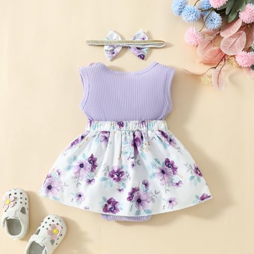 ESSECMBS Baby Mädchen Sommer 2 Stück Strampler Kleid Anzug Spitze Rüschenärmel All-in-One Blumendruck Body Kleid mit Stirnband Neugeborenes Strampelanzug (Lila, 0-3 Monate)