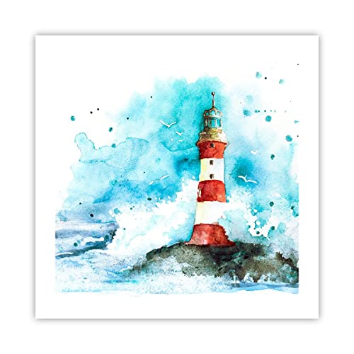 ARTTOR Affiche Decoration Murale Moderne Poster sans Cadre 50x50cm Phare Eau Illustration vague Deco Affiches Murales Wall Art Design Tableau Decoration Salon...
