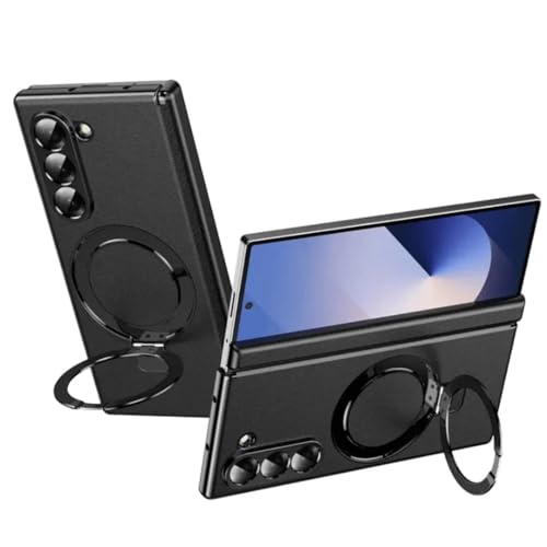 Image of Premium Leather Texture Case Compatible with Samsung Galaxy Z Fold 7 | Magnetic Ring Kickstand | 360 Hinge Protection | Slim Shockproof Back Cover - Black