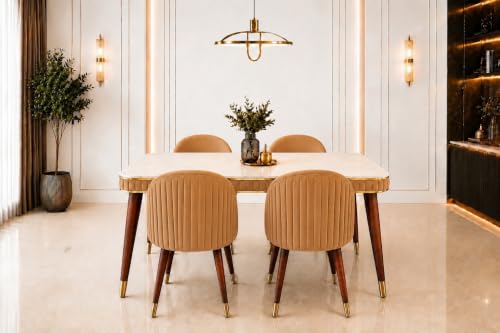 Image of WOODEN SPACE Majestic 4 Seater Wooden Dining Table Set | Urban Marble Top Dining Table with Chairs for Dining Room & Kitchen (Majestic Classic Backline Mustard) (54 x 36 x 30 inch)