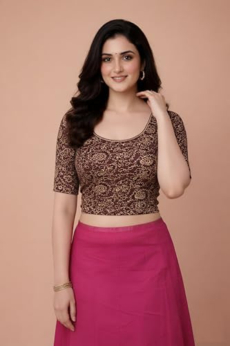 Image of Amazon Brand - Anarva Women's Kalamkari Print Cotton Stretchable Round Neck Readymade Saree Blouse
