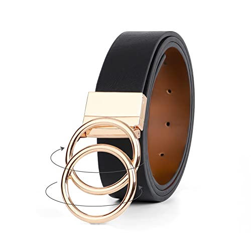Women Leather Belt, Reversible Belt, Leather Waist Belt for Jeans Dress with Gold Double O Ring Rotate Buckle2