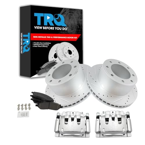 Image of TRQ Rear Performance Brake Pad, Caliper, & Rotor Kit Semi-Metallic Vented Premium G-Coated Compatible with 2006-2007 Ford F-250 Super Duty F-350 Super Duty