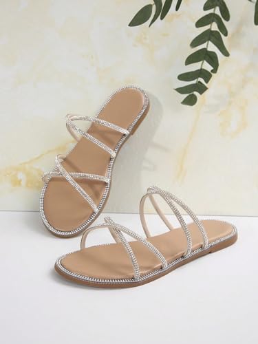 OYOANGLE Women's Rhinestone Flat Sandals Fashion Slides Open Toe Slide Casual Slippers3