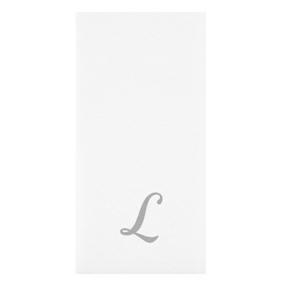 Restaurantware Luxenap - Servilleta rectangular de papel blanco con letra L plateada, puesta al aire, fuente cursiva, 15 3/4 x 8 pulgadas, caja de 50 unidades