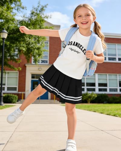 Image of Betusline Girls Skirt Set, Printed T-Shirt & Pleated Skirt, 4-14Y | Elastic waist pleated skirt with built-in shorts, anti-exposure design, pleats stay tidy after washes.