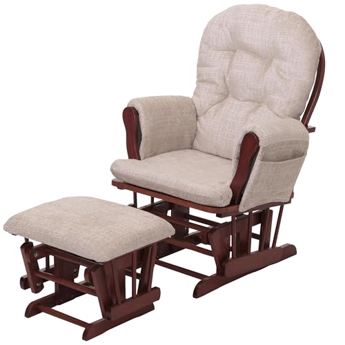 Fauteuil Relax HWC-C76, Fauteuil à Bascule Fauteuil à Bascule avec Pouf Tissu Chenille (465g/m²) Öko-Tex - crème, piétement foncé