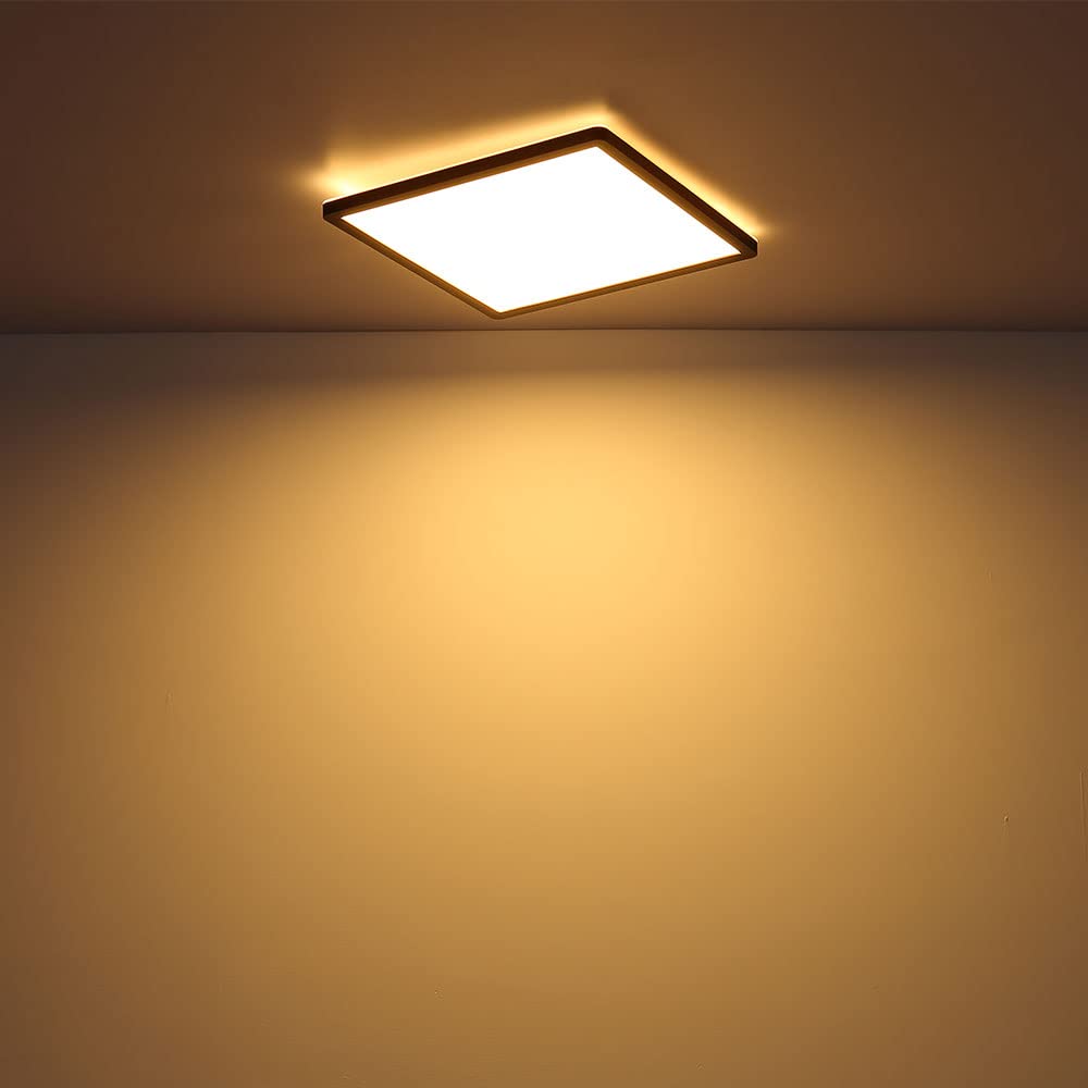 Badezimmer Lampe LED Deckenleuchte Deckenlampe IP44 LED Panel, dimmbar 3 Stufen über Wandschalter, Backlight, schwarz, 24W 2300Lm warmweiß, LxH 42x2,5 cm
