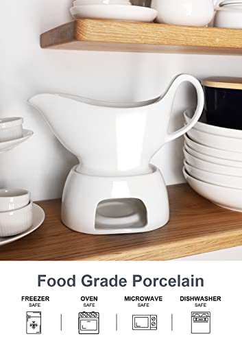 Nucookery Large Classic 17 Oz Gravy Boat with Warmer, White Fine Porcelain Saucier with Big Dripless Lip Spout, Bowl For Thanksgiving, Warming Sauces, Salad Dressings, Milk, Microwave & Freezer Safe