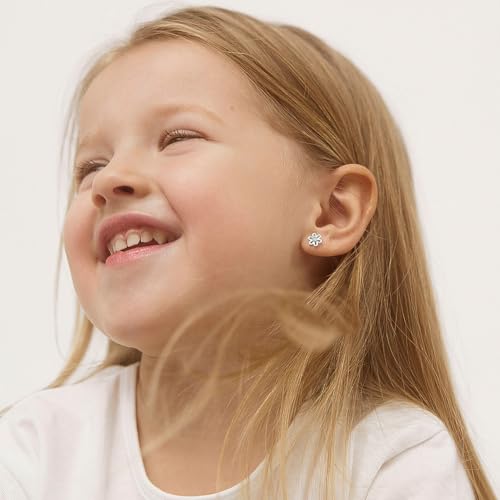 Image of In Season Jewelry CZ Flower Kids Earrings - 925 Sterling Silver Hypoallergenic Earrings for Girls with Secure Screw Backs - Safe & Comfortable for Toddlers, Kids & Little Girls