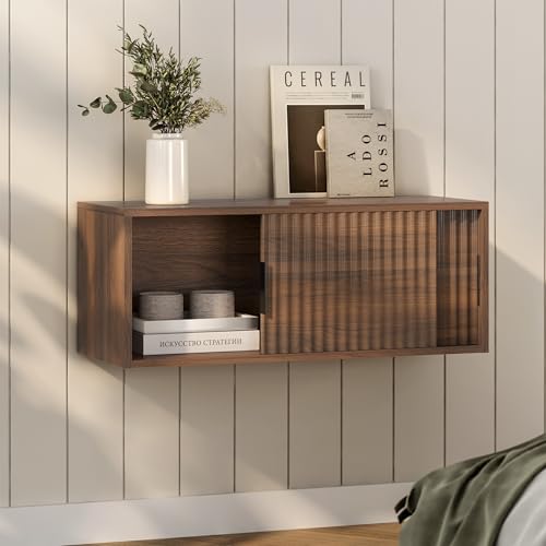 EYYTHUNG Floating Nightstand with Sliding Doors, Modern Fluted Large Night Stand Storage Shelf Wall Mounted Bedside Tables for Bedroom, Brown