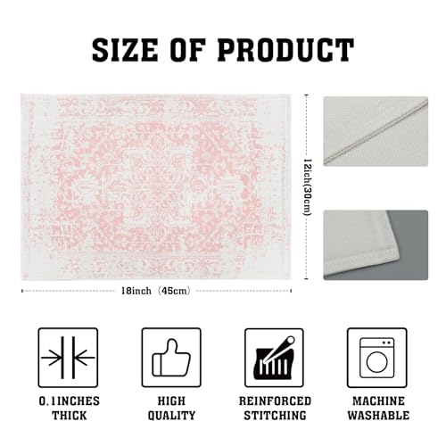 Image of Gray Pink Boho Placemats Set of 6 Ethnic Bohemian Carpet Place Mats Washable Kitchen Dining Vintage Grey Geography Floral Linen Table Mats Stain Heat-Resistant for Home Party Indoor 12x18 in