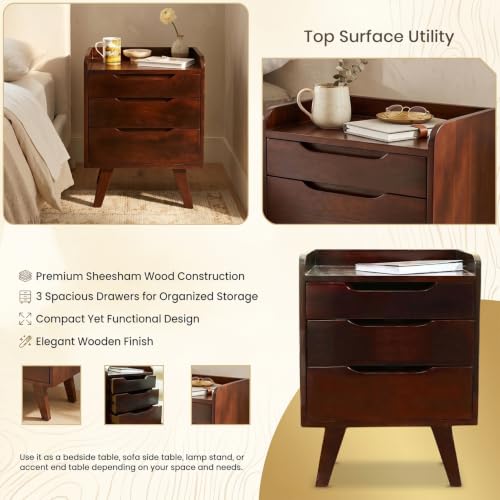Image of SHIKHA WOOD CRAFT Sheesham Wood Bedside End Table with 3 Drawer Storage Wooden Night Stand for Bedroom Living Room Home (Rosewood Finish)