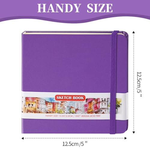 Image of 5x5 Pocket Sketch Book,80gsm Hardcover Art Sketchbook for Drawing Journal | PU Cover,Blank Paper,96Sheets /192Pages,Lay-Flat,Portable Travel Creation Paint Diary Memo Planner,Dry Media.Purple