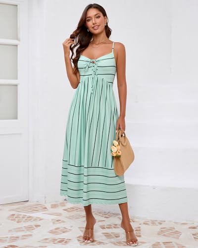 Image of Fashionme Womens Summer Maxi Dresses 2026 Trendy Striped Vacation Boho Beach Spaghetti Strap Sundress Back Tie with Pockets