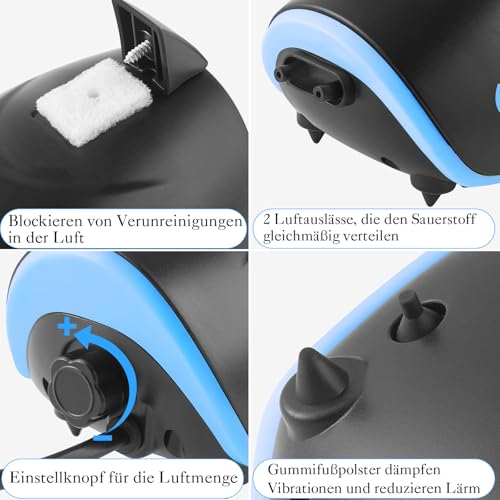 FEDOUR 300LPH Ultra-leise Aquarium-Luftpumpe mit 2 Luftauslässe, 3W einstellbare Aquarium-Luftpumpe, haiförmige Belüfter-Sauerstoffpumpe, für bis zu 350L Aquarium