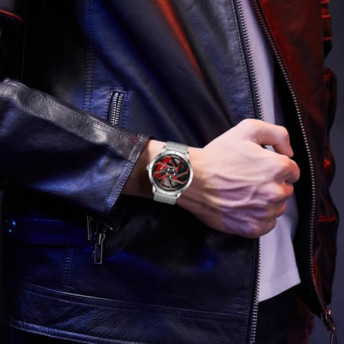 Image of FANMIS Men's Racing Car Wheel Watch 3D Spinning Dial Stainless Steel Watch | Creative 3D Spinning Car Quartz Large Skeleton Face and 30M Water Resistance Designed for Car Fans and Daily Wear.